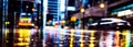 Background with rain on a wet street in a big city with sidewalks, cars driving and buildings in the background