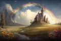 In the background, a rainbow arches over a magnificent castle, surrounded by a lovely flower meadow and a charming old-fashioned