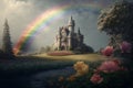 In the background, a rainbow arches over a magnificent castle, surrounded by a lovely flower meadow and a charming old-fashioned