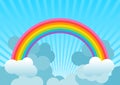 Background with rainbow over blue sky and with clouds. Illustration. Royalty Free Stock Photo