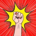 Background with raised women s fist in pop art comic style - symbol unity or solidarity, with oppressed people and women