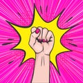 Background with raised women s fist in pop art comic style - symbol unity or solidarity, with oppressed people and women