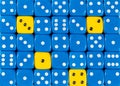 Background of random ordered blue dices with four yellow cubes Royalty Free Stock Photo