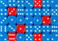 Background of random ordered blue dices with six red cubes Royalty Free Stock Photo