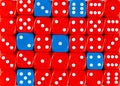 Background of random ordered red dices with six blue cubes