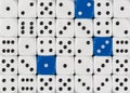 Background of random ordered white dices with three blue cubes Royalty Free Stock Photo
