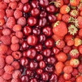 Background of a raspberry, cherry and strawberry, top view. Mixed berries