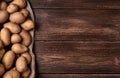 Background with raw potatoes on jute bag and wooden table top