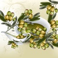 Background with realistic vector olives and olive oil on white