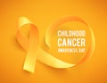 Background with realistic yellow ribbon. World childhood cancer awareness symbol, vector illustration.