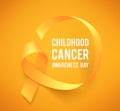 Background with realistic yellow ribbon. World childhood cancer awareness symbol, vector illustration. Royalty Free Stock Photo