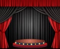 Background with red black theatre curtain and podium