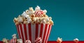 white popcorn box cinema bucket background corn film blue food red. Generative AI. Royalty Free Stock Photo