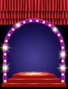 Background with red curtain on blue with arch banner and podium. Design for presentation, concert, show Royalty Free Stock Photo