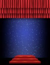 Background with red curtain on blue with stars and podium. Design for presentation, concert, show Royalty Free Stock Photo