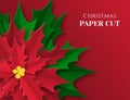 Background with a red flower. Christmas poster in paper art style. Poinsetia with green and red leaves. Place for text. Royalty Free Stock Photo