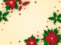 Background with a red flower. Christmas poster in paper art style. Poinsetia with green and red leaves. Place for text Royalty Free Stock Photo