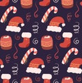 Background with red hand drawn new year hats, treats and sock on violet background. Vector seamless Christmas pattern Royalty Free Stock Photo