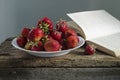 Background with red strawberry and books on the table