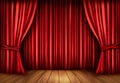 Background with red velvet curtain and a wooden fl