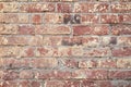 Background of red vintage brick wall, surface close-up. Colorful grunge texture of wall with peeling plaster, copy space Royalty Free Stock Photo