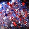 Red, white, and blue sparkling glitter scattered with shiny stars confetti. 4th of July celebration background
