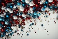 Background of red, white, and blue sparkling glitter scattered with shiny stars confetti. 4th of July celebration background. Royalty Free Stock Photo