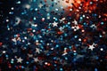 Background of red, white, and blue sparkling glitter scattered with shiny stars confetti. 4th of July celebration background. Royalty Free Stock Photo