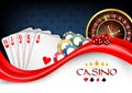 Background red white poker cards, casino chips and roulette wheel