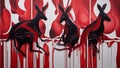 background with red and white stripes A canvas with abstract shapes and kangaroos. The canvas is colored with acrylic and oil,