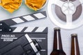 background for relaxing while watching a movie with beer and snack on a light background