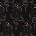 Snake with lotus. Vector hand seamless pattern in dark boho style