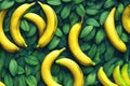 Background of a group of ripe bananas on a bed of green leaves