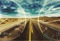 Speedometers on road background with blue cloudy Royalty Free Stock Photo