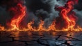 The background of the roaring fire is dramatic and intense, symbolizing the depths of hell. Royalty Free Stock Photo