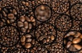 Background of roasted coffee beans in circles in different sizes