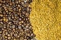 Background of roasted coffee beans and instant coffee granules Royalty Free Stock Photo