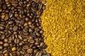 Background of roasted coffee beans and instant coffee granules Royalty Free Stock Photo