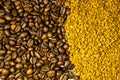 Background of roasted coffee beans and instant coffee granules Royalty Free Stock Photo