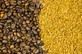 Background of roasted coffee beans and instant coffee granules Royalty Free Stock Photo