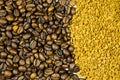 Background of roasted coffee beans and instant coffee granules Royalty Free Stock Photo