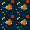 Background of Rockets and stars. Bright rockets in a circle of stars. Cartoon solar system space mode of transport. A pattern for