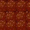 Background of round chocolates with nuts. Hand drawing. Vector illustration. Cartoon style.