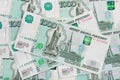 Background of scattered banknotes Russian ruble denomination one thousand rubles
