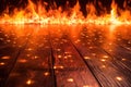 Background scenario with an old grunge wooden floor with fire sparks and fire and flames at the back Generative AI Illustration Royalty Free Stock Photo