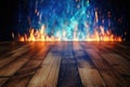 Background scenario wall for photography with an grunge wooden floor and blurred fire and flames at the back Generative AI Royalty Free Stock Photo