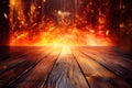 Background scenario wall for photography with an old wooden floor and blurred fire and flames at the back Generative AI