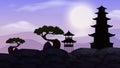 Background scene with dark sky and japanese temple