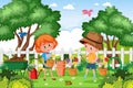 Background scene with kids planting flowers in the park