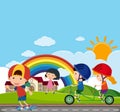 Background scene with many kids riding on the road